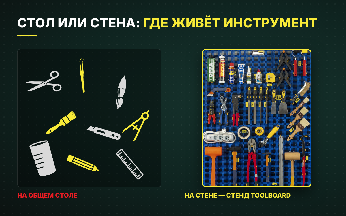 Стол для хобби до и после: мелкие инструменты на стенде ToolBoard вместо россыпи на столе